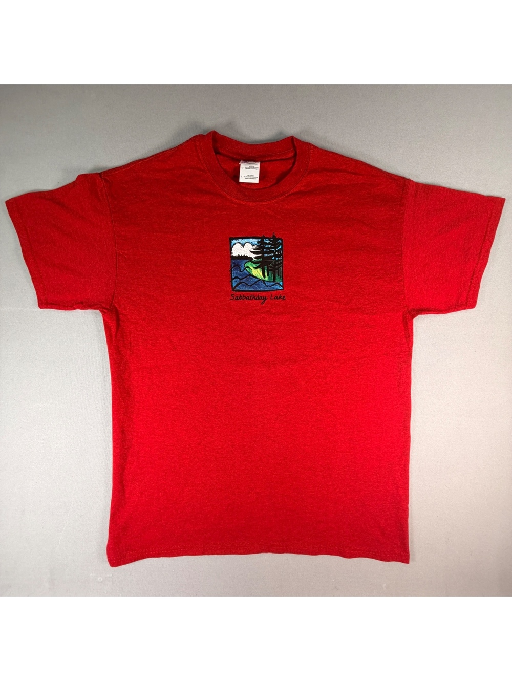 VTG Sabbathday Lake Maine Shirt Mens L Red Colorblock Shaker Souvenir Graphic T